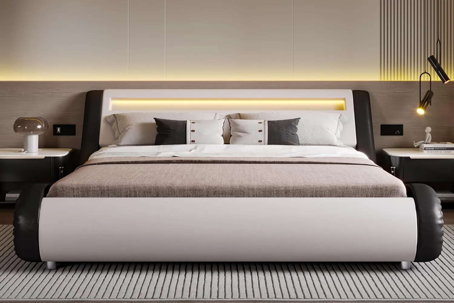 SHA CERLIN LED King Deluxe Upholstered Bed Frame with Adjustable Headboard - Low Profile Sleigh Design, Strong Wood Slats Support, No Box Spring Needed, Black and White