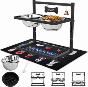 SHAINFUN Elevated Dog Feeder - Raised Bowls Stand with Spill Proof Mat, Adjustable Height, Slow Feeder, Stainless Steel, for Large & Medium Dogs
