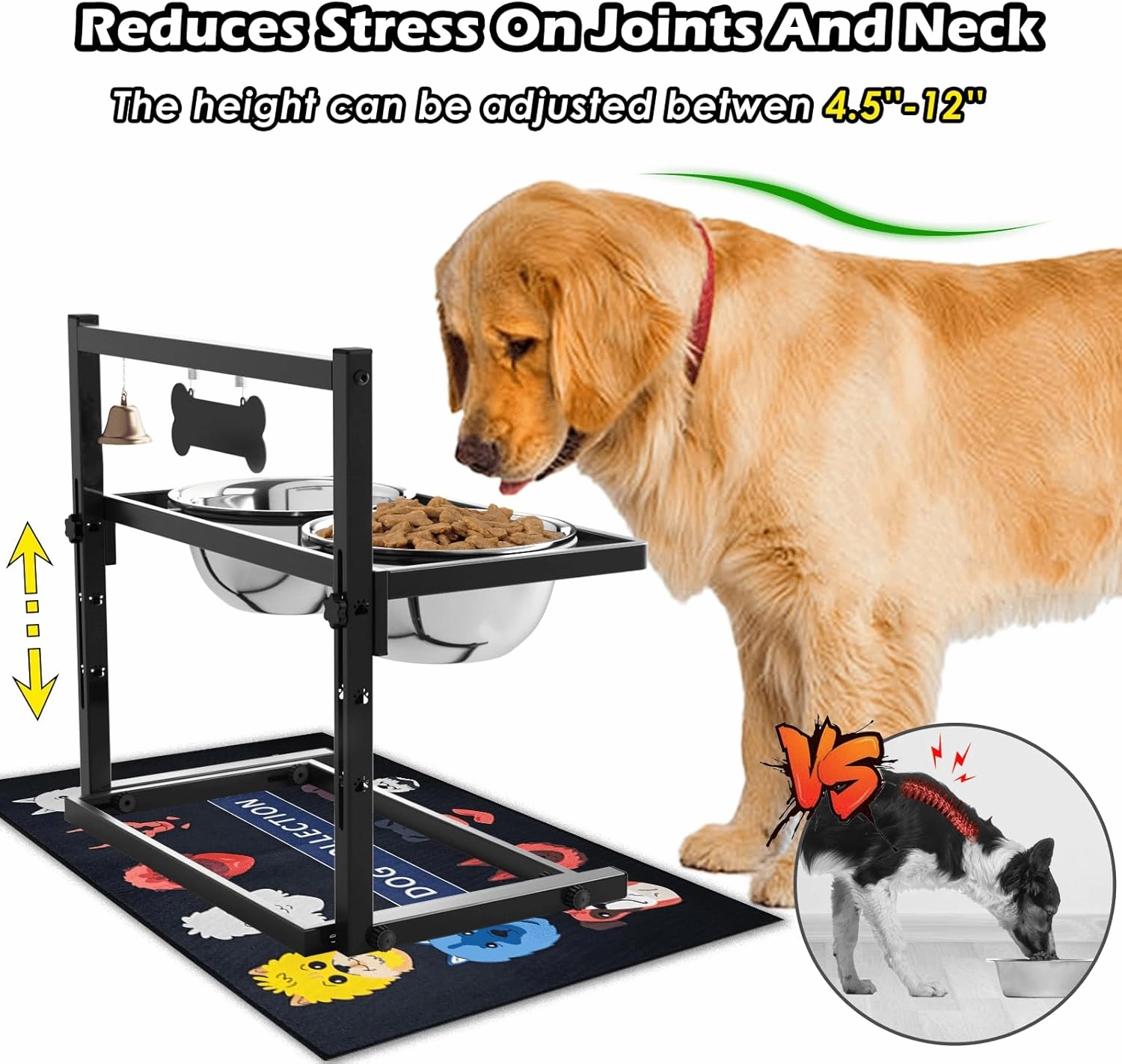 SHAINFUN Elevated Dog Feeder - Raised Bowls Stand with Spill Proof Mat, Adjustable Height, Slow Feeder, Stainless Steel, for Large & Medium Dogs