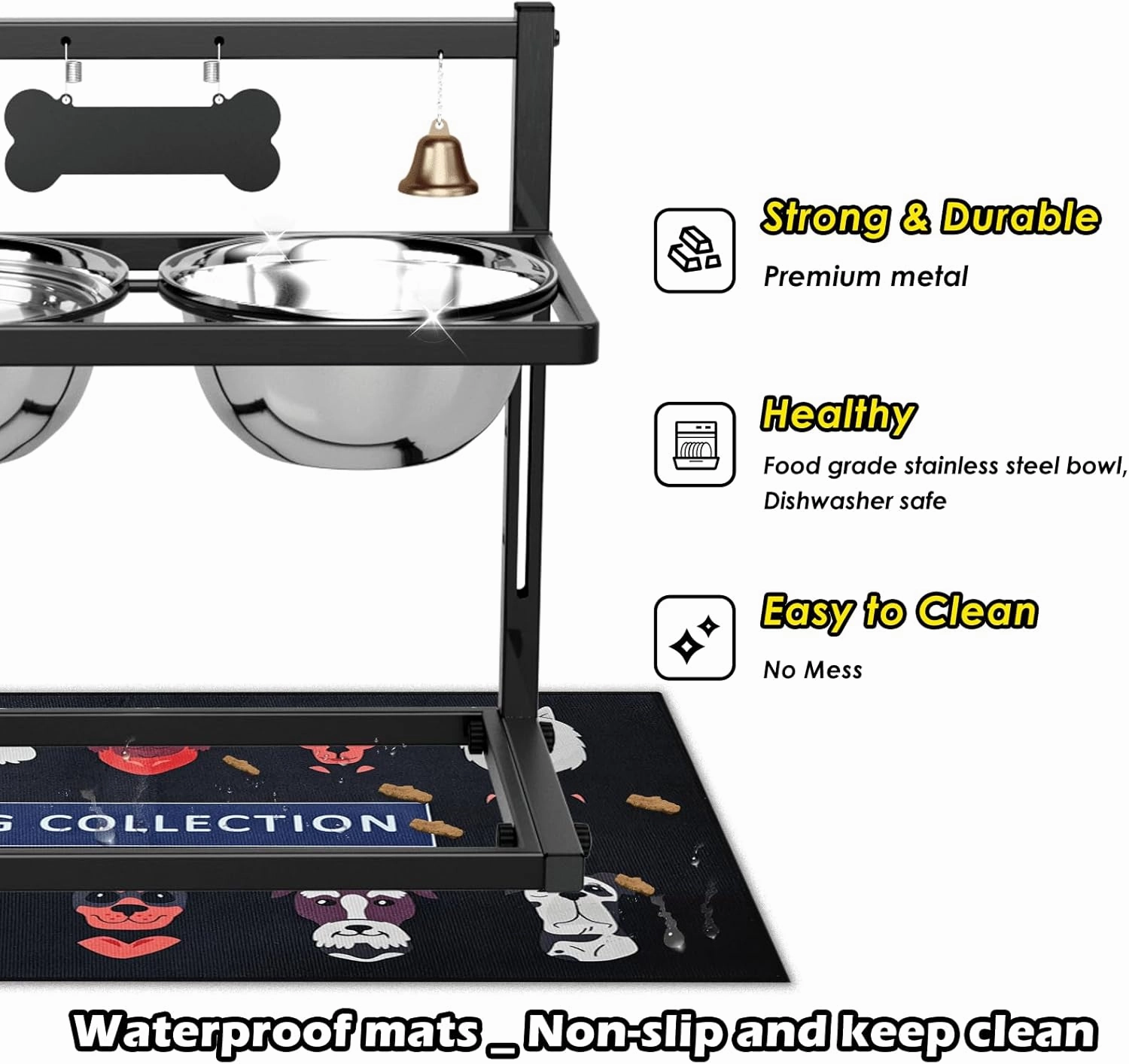 SHAINFUN Elevated Dog Feeder - Raised Bowls Stand with Spill Proof Mat, Adjustable Height, Slow Feeder, Stainless Steel, for Large & Medium Dogs