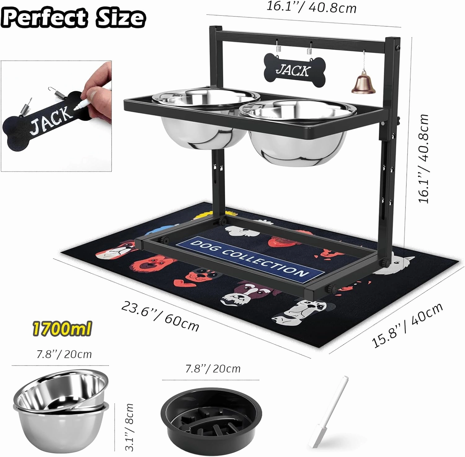 SHAINFUN Elevated Dog Feeder - Raised Bowls Stand with Spill Proof Mat, Adjustable Height, Slow Feeder, Stainless Steel, for Large & Medium Dogs