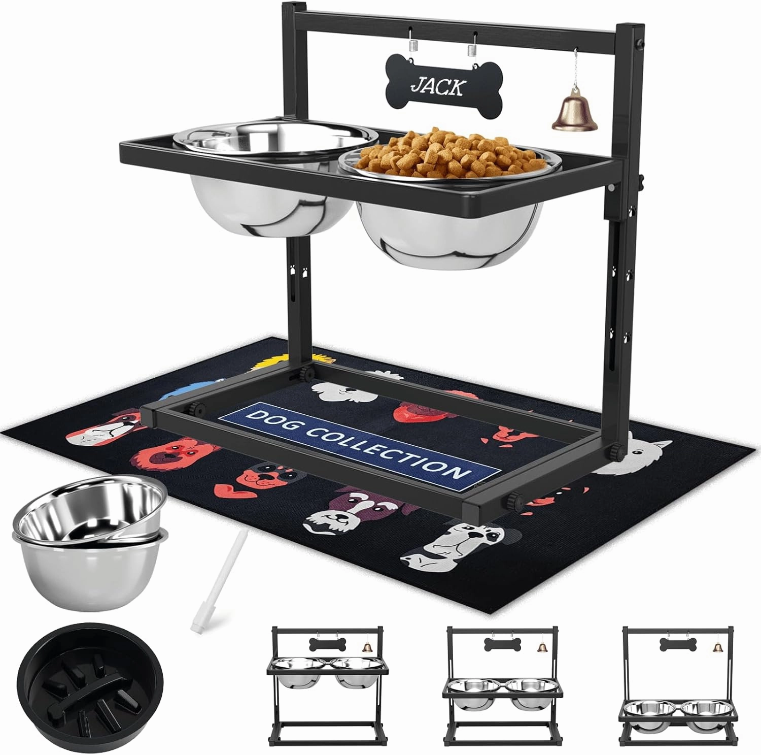 SHAINFUN Elevated Dog Feeder - Raised Bowls Stand with Spill Proof Mat, Adjustable Height, Slow Feeder, Stainless Steel, for Large & Medium Dogs