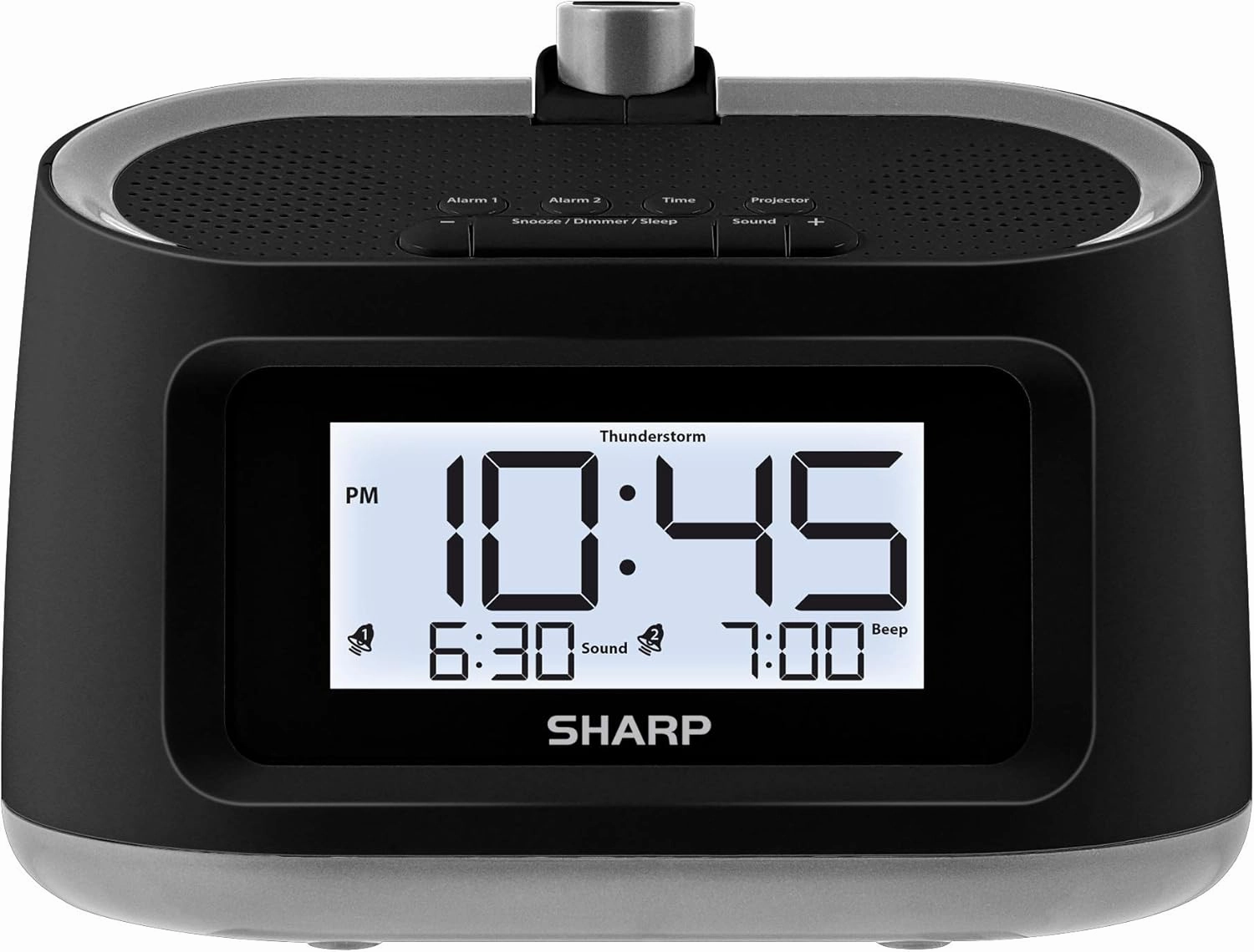 SHARP LCD and Projection Alarm Clock with 8 Soothing Nature Sleep Sounds – Project onto Wall or Ceiling, Black with Gunmetal Trim