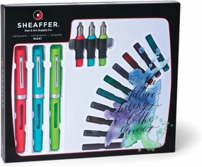 Sheaffer Viewpoint Calligraphy Maxi Kit: 3 Fountain Pens with 3 Nibs, 20 Assorted Ink Cartridges, Instructions, and Tracing Pad