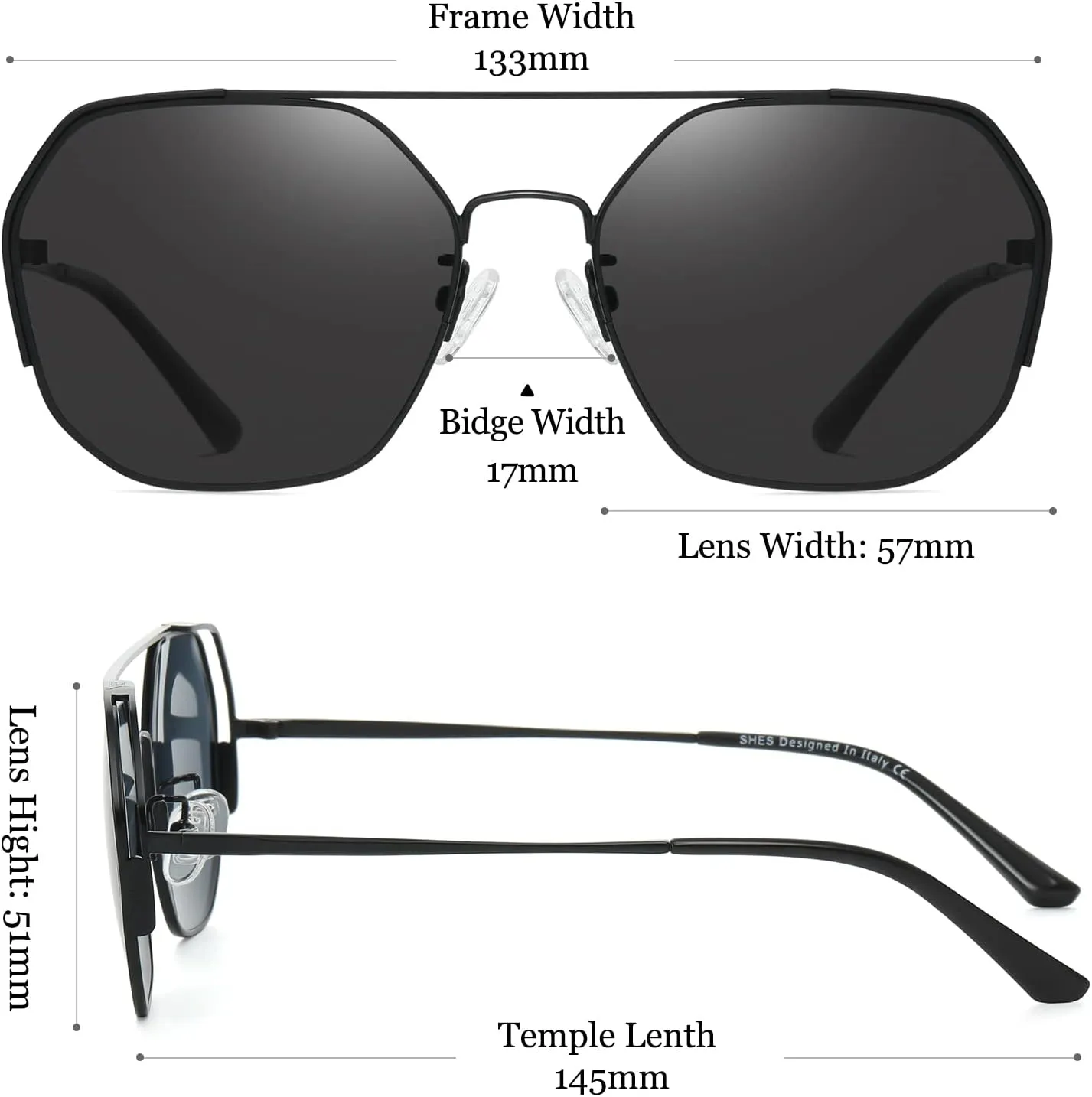 SHES Double Bridge Polygon Polarized Sunglasses for Women Designer Aviator Sun glasses Hexagon Frame Shades SH3016