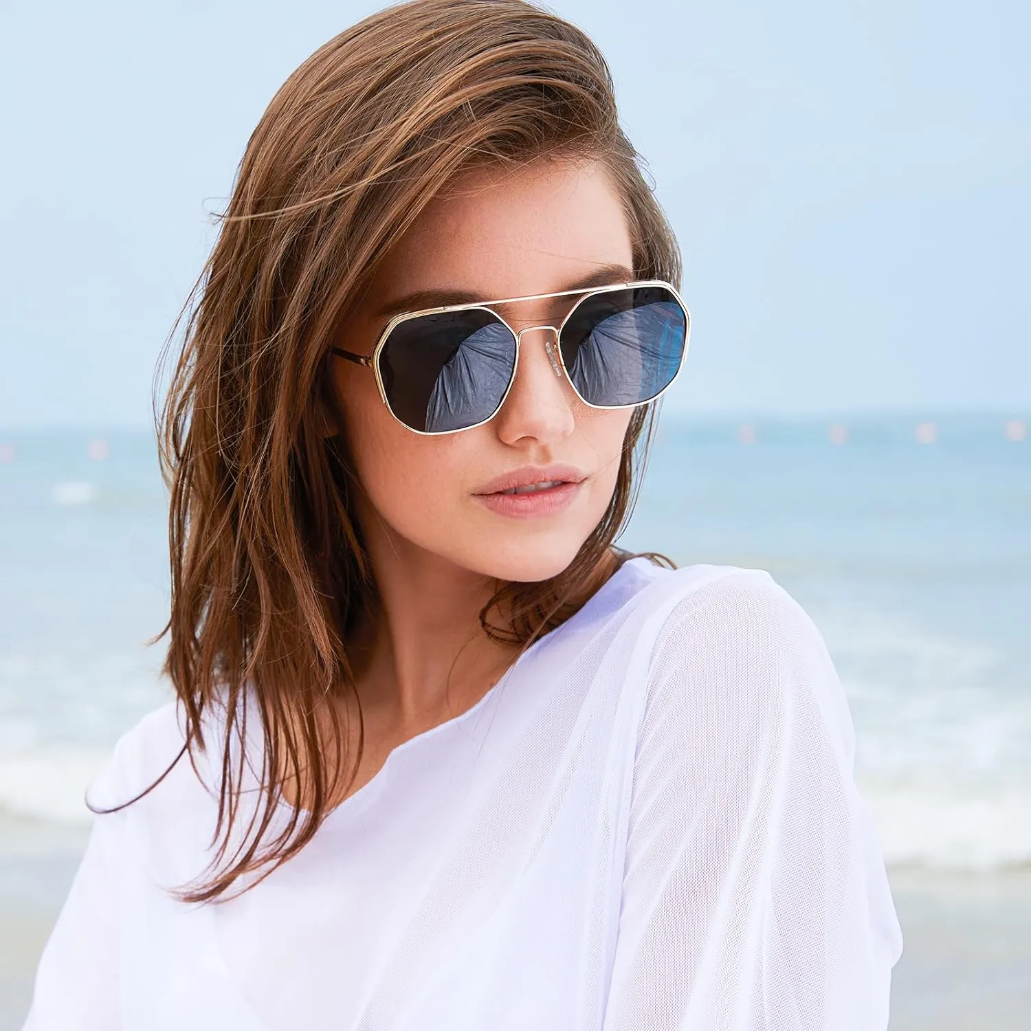 SHES Double Bridge Polygon Polarized Sunglasses for Women Designer Aviator Sun glasses Hexagon Frame Shades SH3016