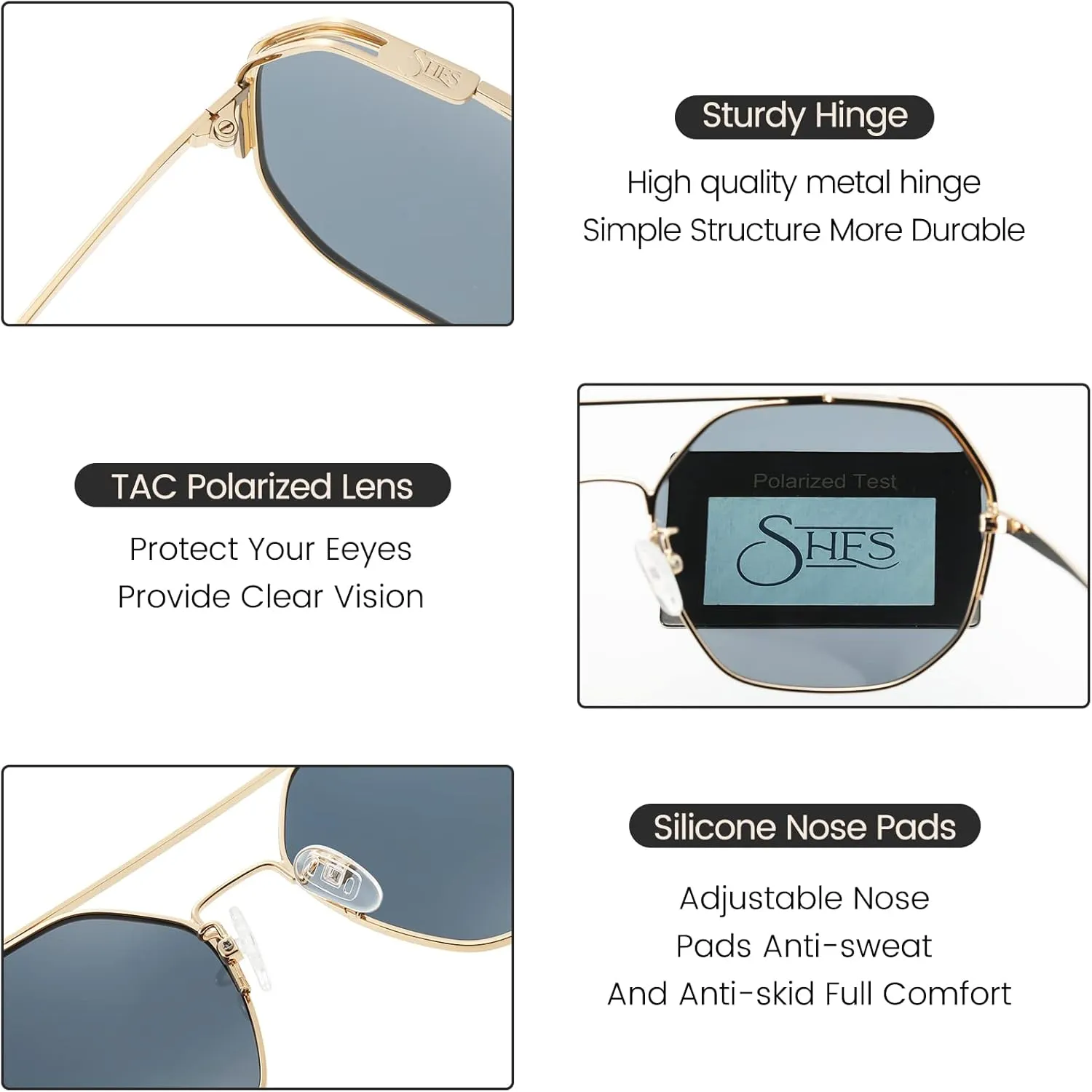 SHES Double Bridge Polygon Polarized Sunglasses for Women Designer Aviator Sun glasses Hexagon Frame Shades SH3016