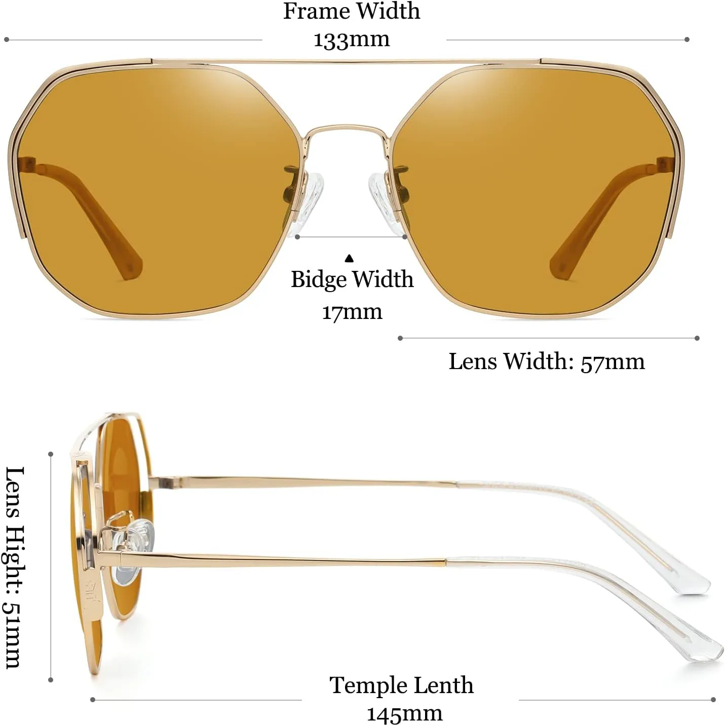 SHES Double Bridge Polygon Polarized Sunglasses for Women Designer Aviator Sun glasses Hexagon Frame Shades SH3016