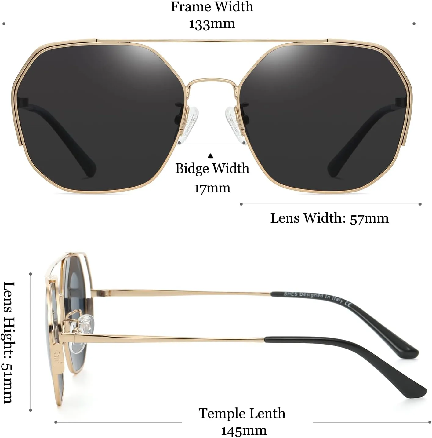 SHES Double Bridge Polygon Polarized Sunglasses for Women Designer Aviator Sun glasses Hexagon Frame Shades SH3016
