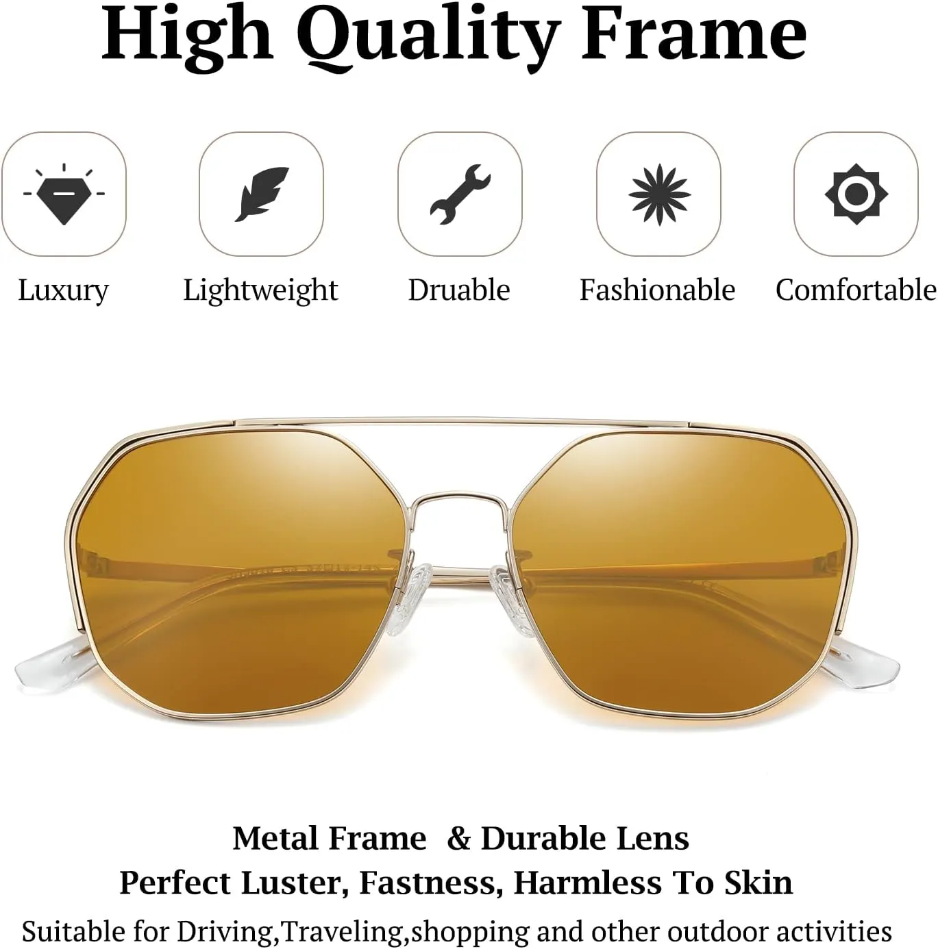SHES Double Bridge Polygon Polarized Sunglasses for Women Designer Aviator Sun glasses Hexagon Frame Shades SH3016