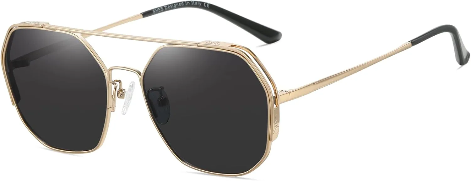 SHES Double Bridge Polygon Polarized Sunglasses for Women Designer Aviator Sun glasses Hexagon Frame Shades SH3016