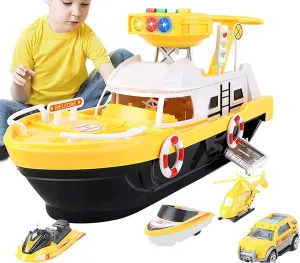 Ship Toy Set Boat Toys with Police Car and Mini Helicopter with Sound and Light Airplane Toys for Kids 4 5 6 Year (Yellow)