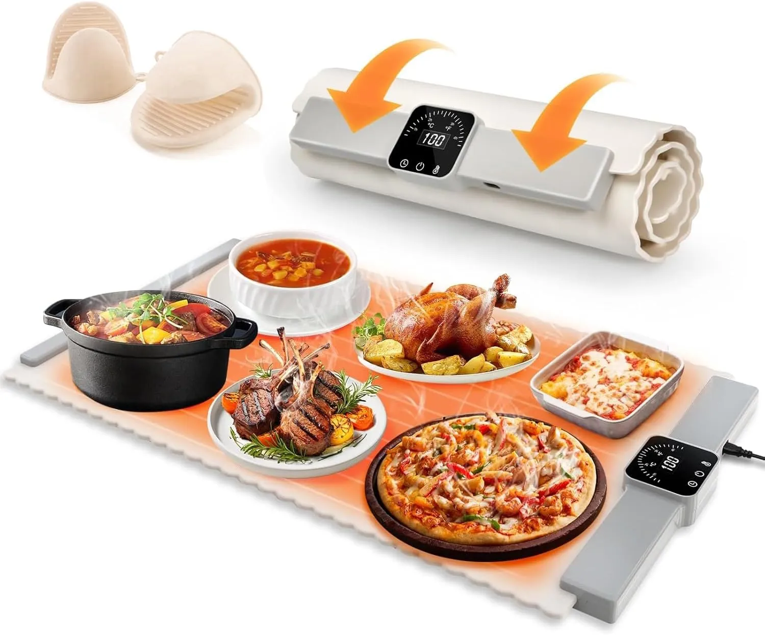 Silicone Electric Food Warmer, Portable Food Warming Mat with 5 Multi-Temp Settings & Auto Shut-Off, Rollable Buffet Tray Perfect for Buffets, Travel & Everyday Use