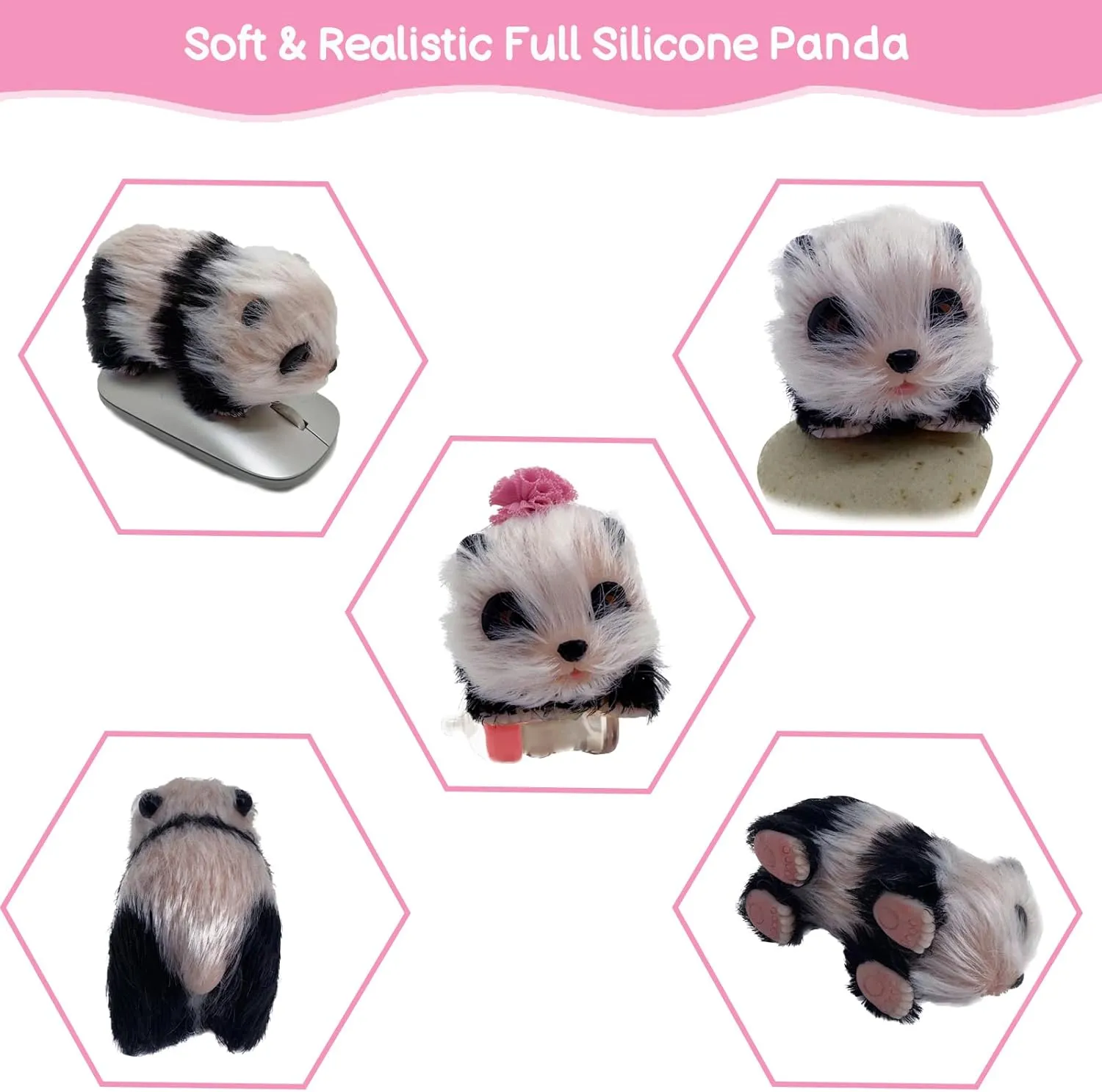 Silicone Panda, 5 Inch Soft Mini Realistic Panda as Piglet Companion with Sleeping Pad and Accessories for Kids' Birthday