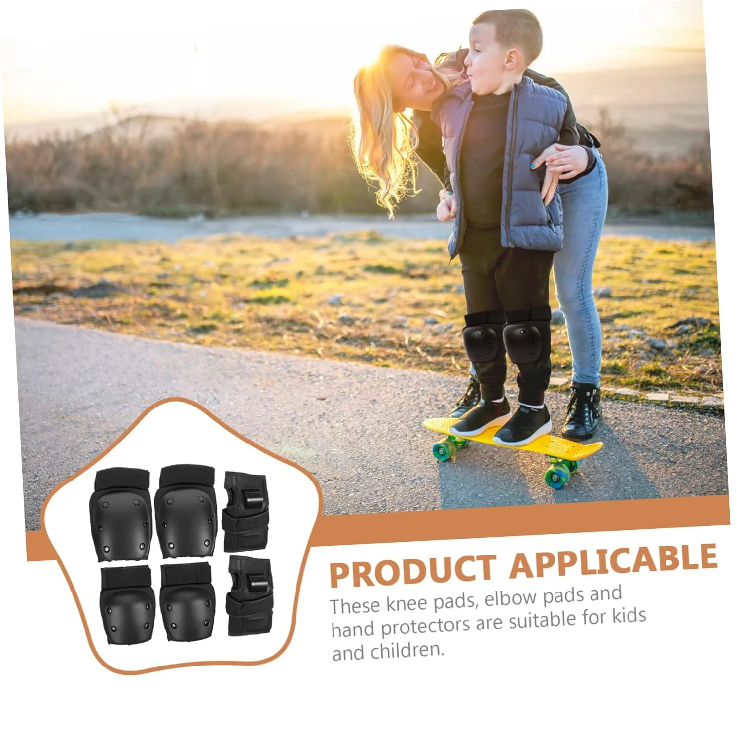 Skateboard Safety Kit 6 Pcs Child Protective Gear Knee and Elbow Pads Hand Protectors Comfort Fit for Skating Cycling Mini Bike
