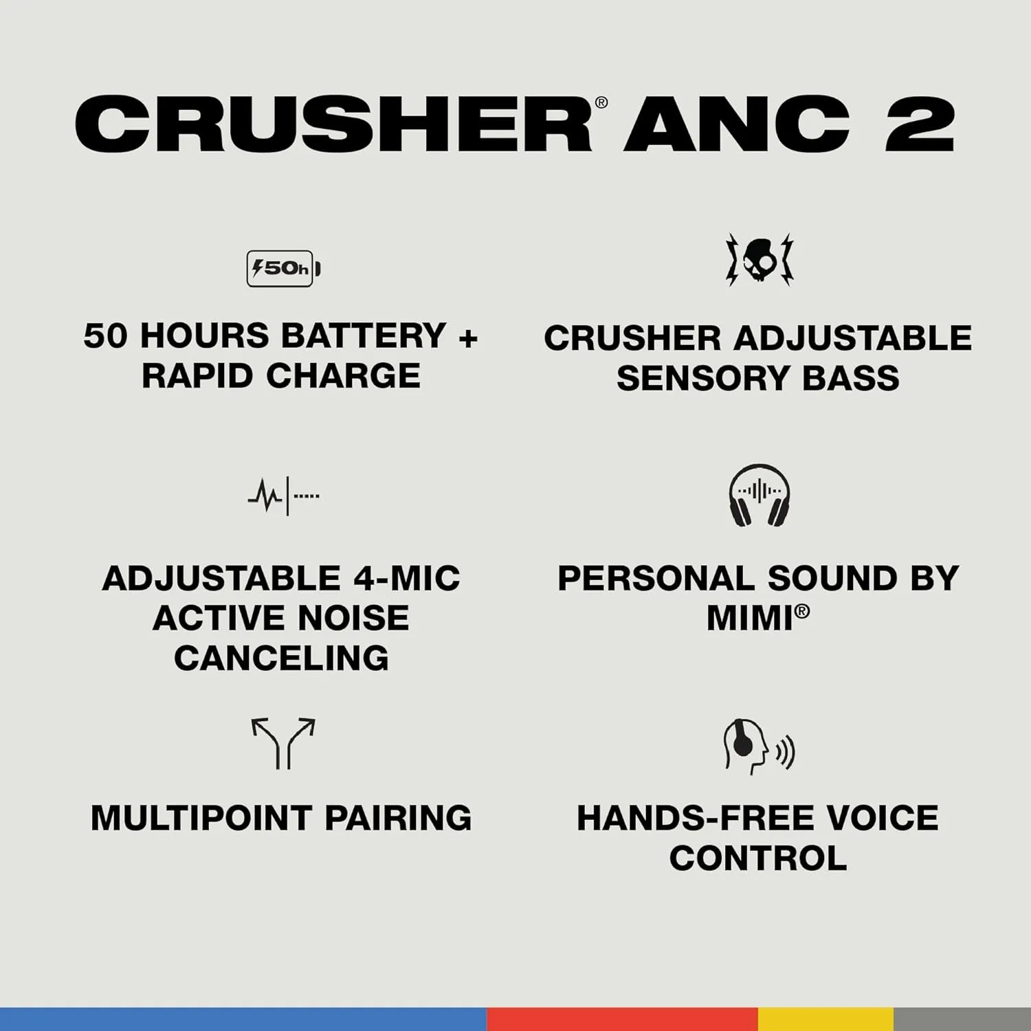 Skullcandy Crusher ANC 2 Wireless Over-Ear Bluetooth Headphones with Multi-Sensory Bass and Charging Cable, Active Noise Cancelling, Up to 60 Hours Battery, Microphone for iPhone Android - Preppy Blue