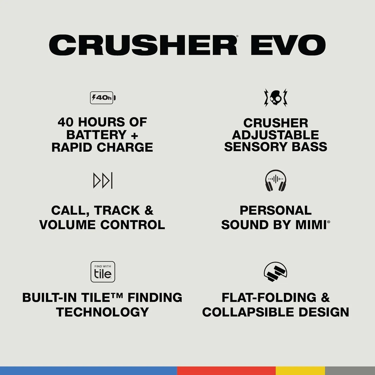 Skullcandy Crusher Evo Wireless Bluetooth Headphones with Multi-Sensory Bass, Noise Isolating Over-Ear Fit, Up to 40 Hours Battery, Microphone for iPhone Android - Asphalt