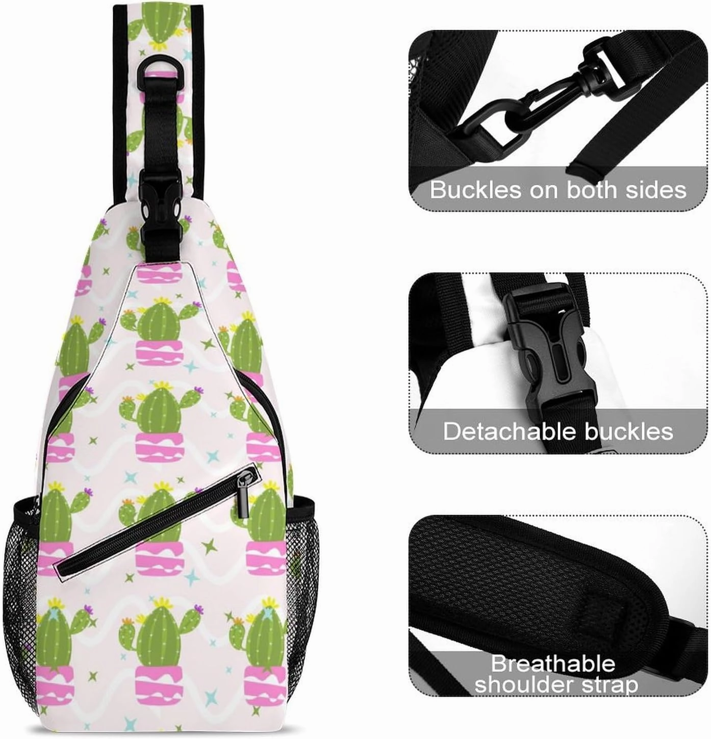 Sling Bag Cute Flowering Cactus Crossbody Backpack with Anti Theft Adjustable Shoulder Bag for Travel,Hiking,Cycling,Camping