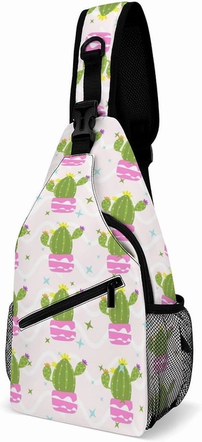 Sling Bag Cute Flowering Cactus Crossbody Backpack with Anti Theft Adjustable Shoulder Bag for Travel,Hiking,Cycling,Camping