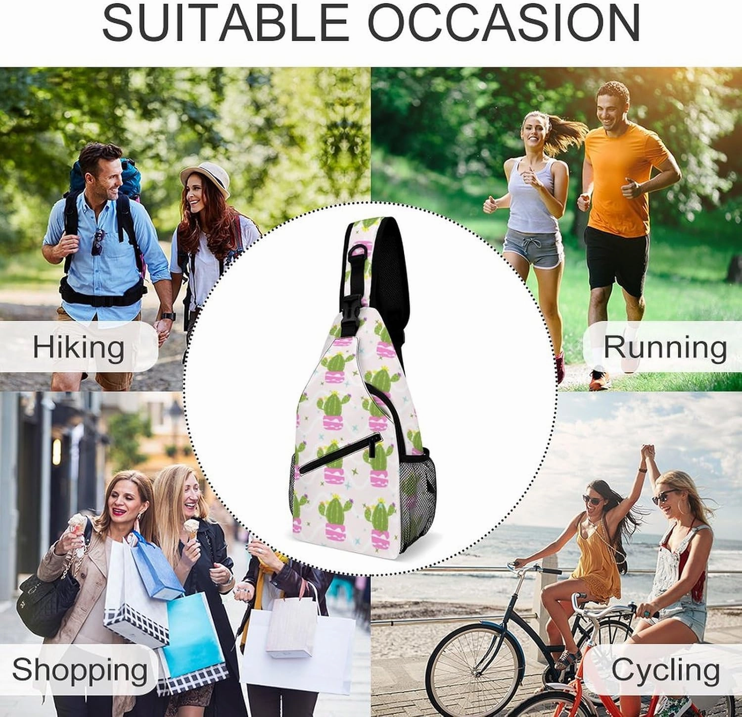 Sling Bag Cute Flowering Cactus Crossbody Backpack with Anti Theft Adjustable Shoulder Bag for Travel,Hiking,Cycling,Camping