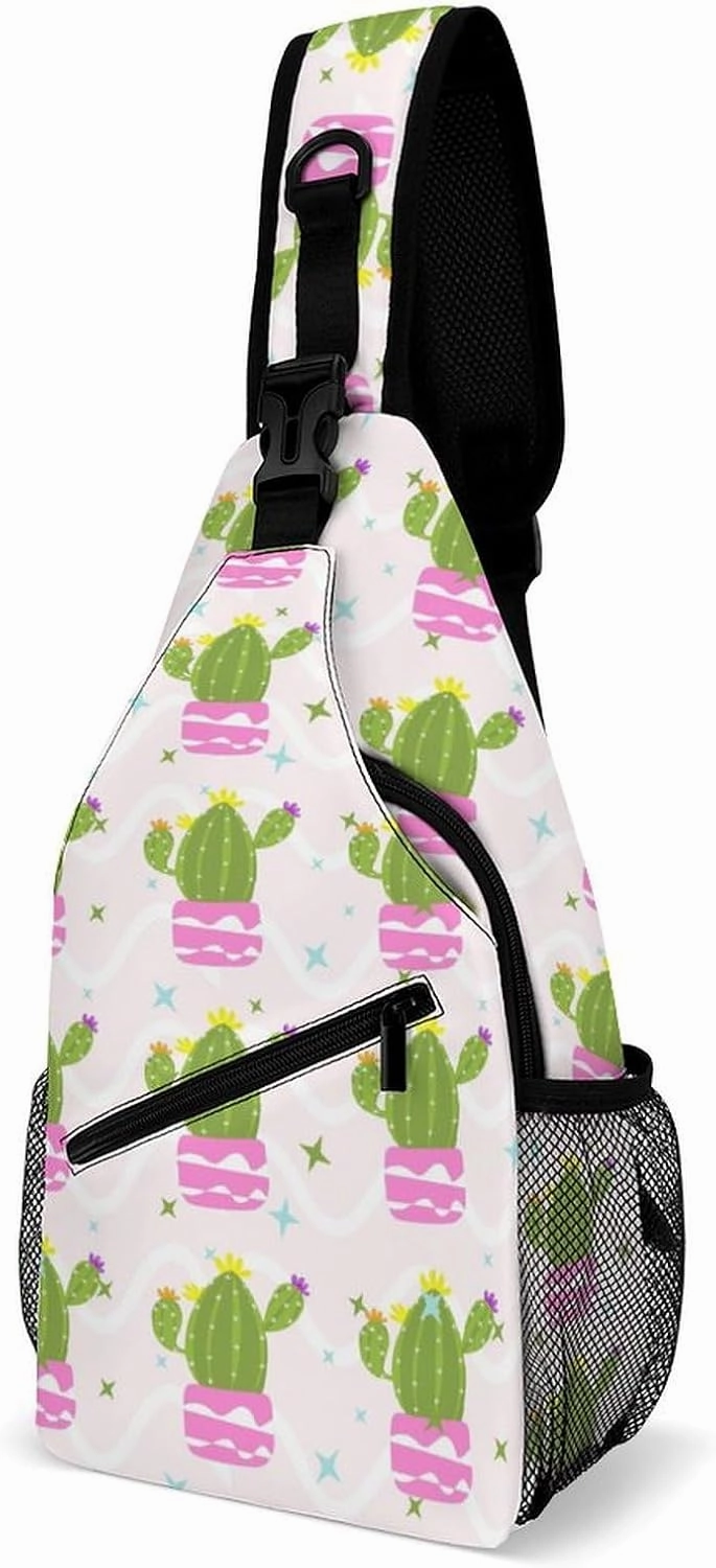 Sling Bag Cute Flowering Cactus Crossbody Backpack with Anti Theft Adjustable Shoulder Bag for Travel,Hiking,Cycling,Camping