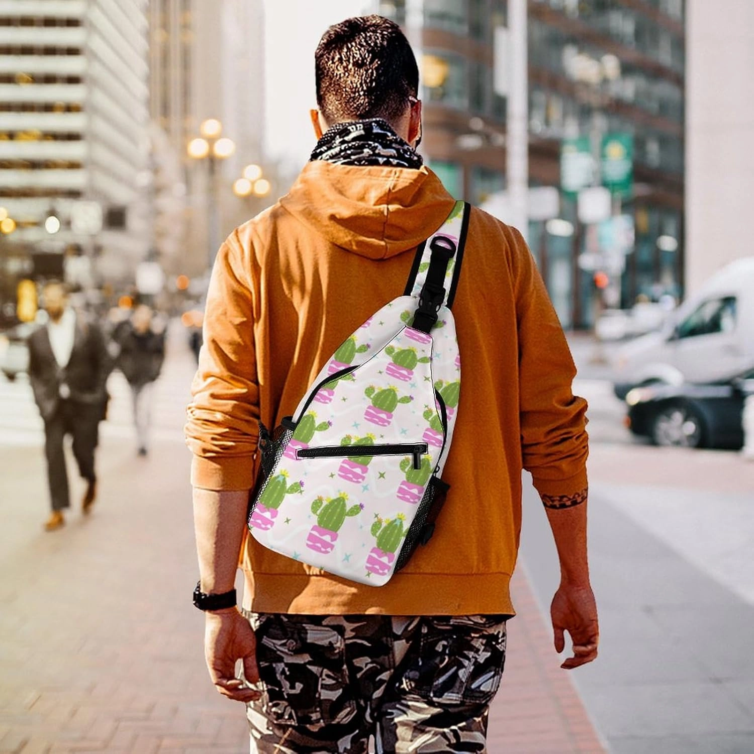 Sling Bag Cute Flowering Cactus Crossbody Backpack with Anti Theft Adjustable Shoulder Bag for Travel,Hiking,Cycling,Camping