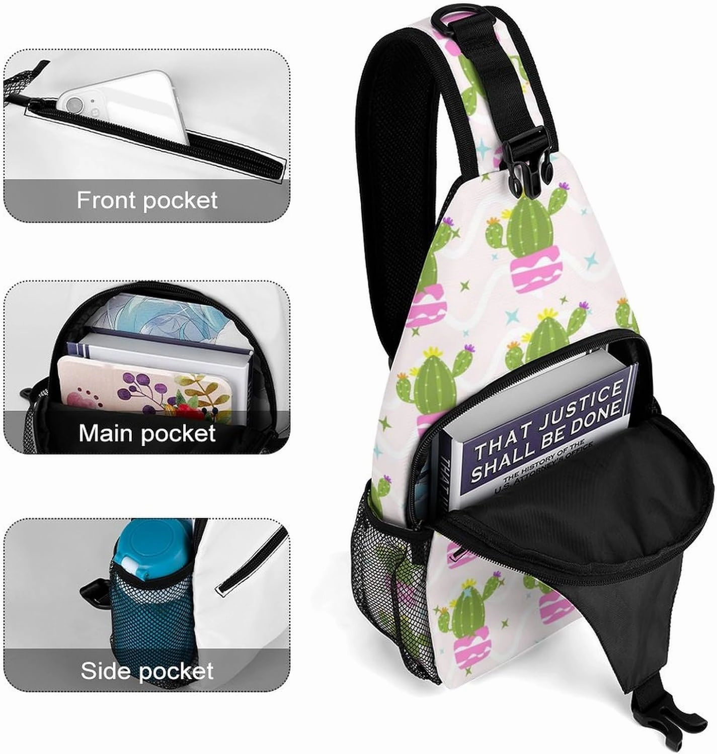 Sling Bag Cute Flowering Cactus Crossbody Backpack with Anti Theft Adjustable Shoulder Bag for Travel,Hiking,Cycling,Camping
