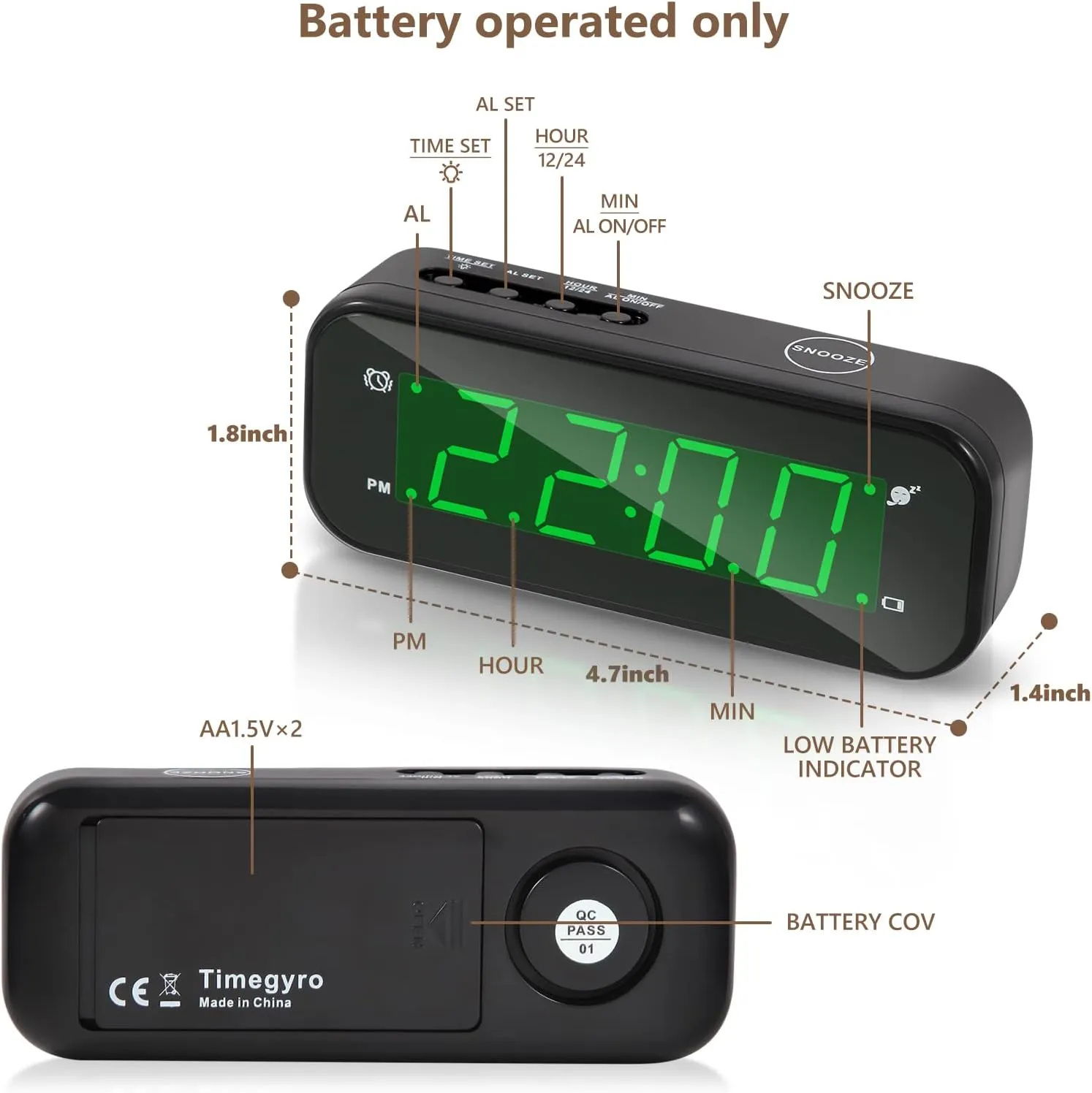 Small Digital Clock Battery Operated, LED Travel Alarm Clock Battery Powered with Snooze, Cordless, Brightness Adjustable, 12/24Hr, Easy to Use