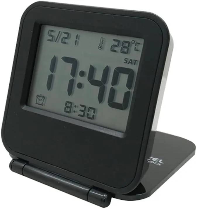 Small Mini Digital Travel Alarm Clocks,Battery Operated Travel Clock with LCD Calendar Temperature,Portable Folding Mini Pocket Clock for Outdoor Kids Bed Desk Table Camper（Classic Black）