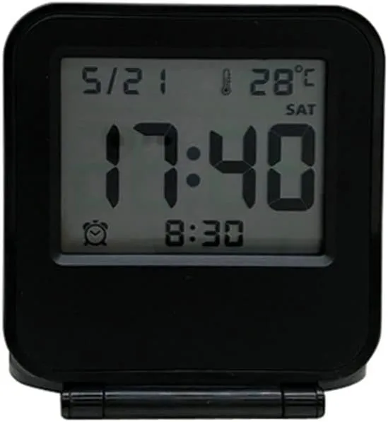 Small Mini Digital Travel Alarm Clocks,Battery Operated Travel Clock with LCD Calendar Temperature,Portable Folding Mini Pocket Clock for Outdoor Kids Bed Desk Table Camper（Classic Black）
