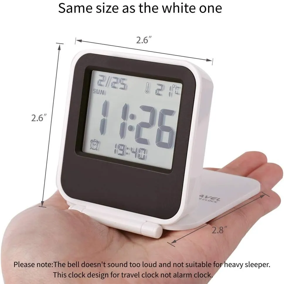 Small Mini Digital Travel Alarm Clocks,Battery Operated Travel Clock with LCD Calendar Temperature,Portable Folding Mini Pocket Clock for Outdoor Kids Bed Desk Table Camper（Classic Black）