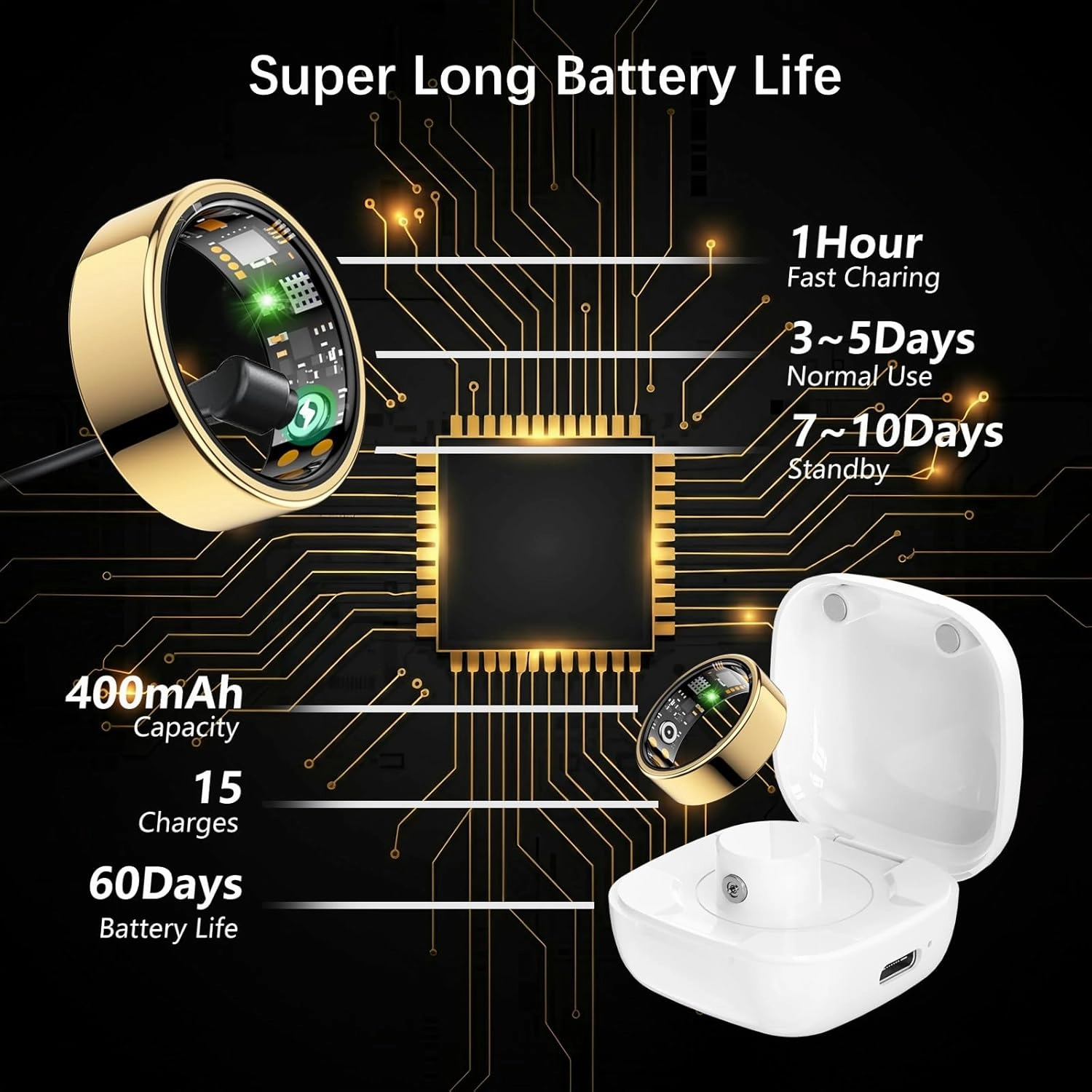 Smart Health Ring for Women Men, Fitness Tracker Ring with Heart Rate, Blood Oxygen, Sleep Tracker, Step Tracker, No Subscription Fee, IP68 Waterproof Smart Ring for iPhone & Android (Gold, 11#)