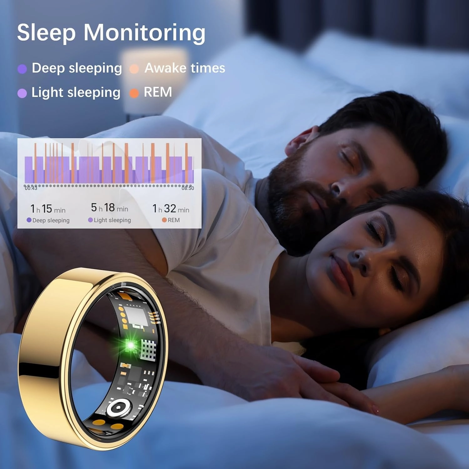 Smart Health Ring for Women Men, Fitness Tracker Ring with Heart Rate, Blood Oxygen, Sleep Tracker, Step Tracker, No Subscription Fee, IP68 Waterproof Smart Ring for iPhone & Android (Gold, 11#)