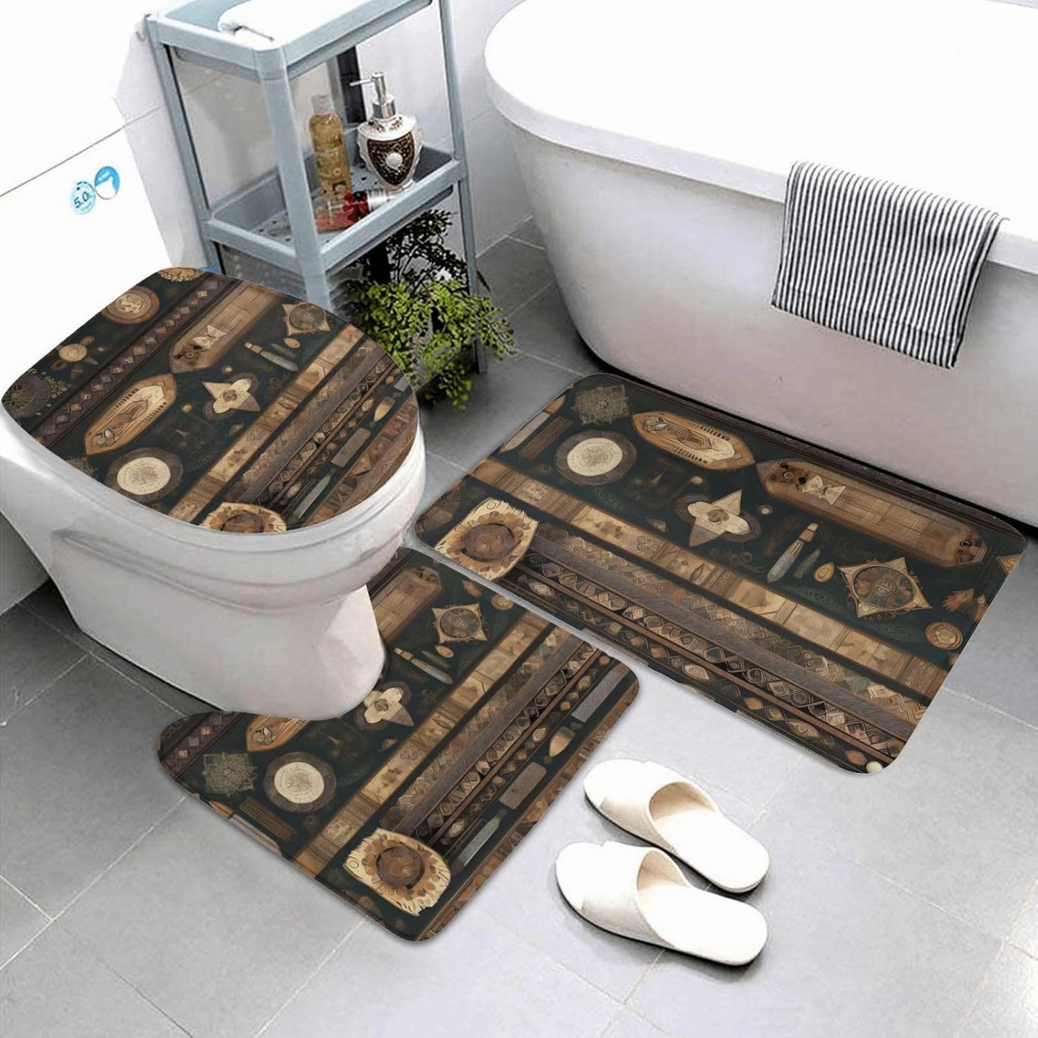 Soft and Comfortable Flannel Bathroom Non Slip Rugs,Super Absorbent Anti-Skid Carpet 3 Pieces/Set Bohemian Style
