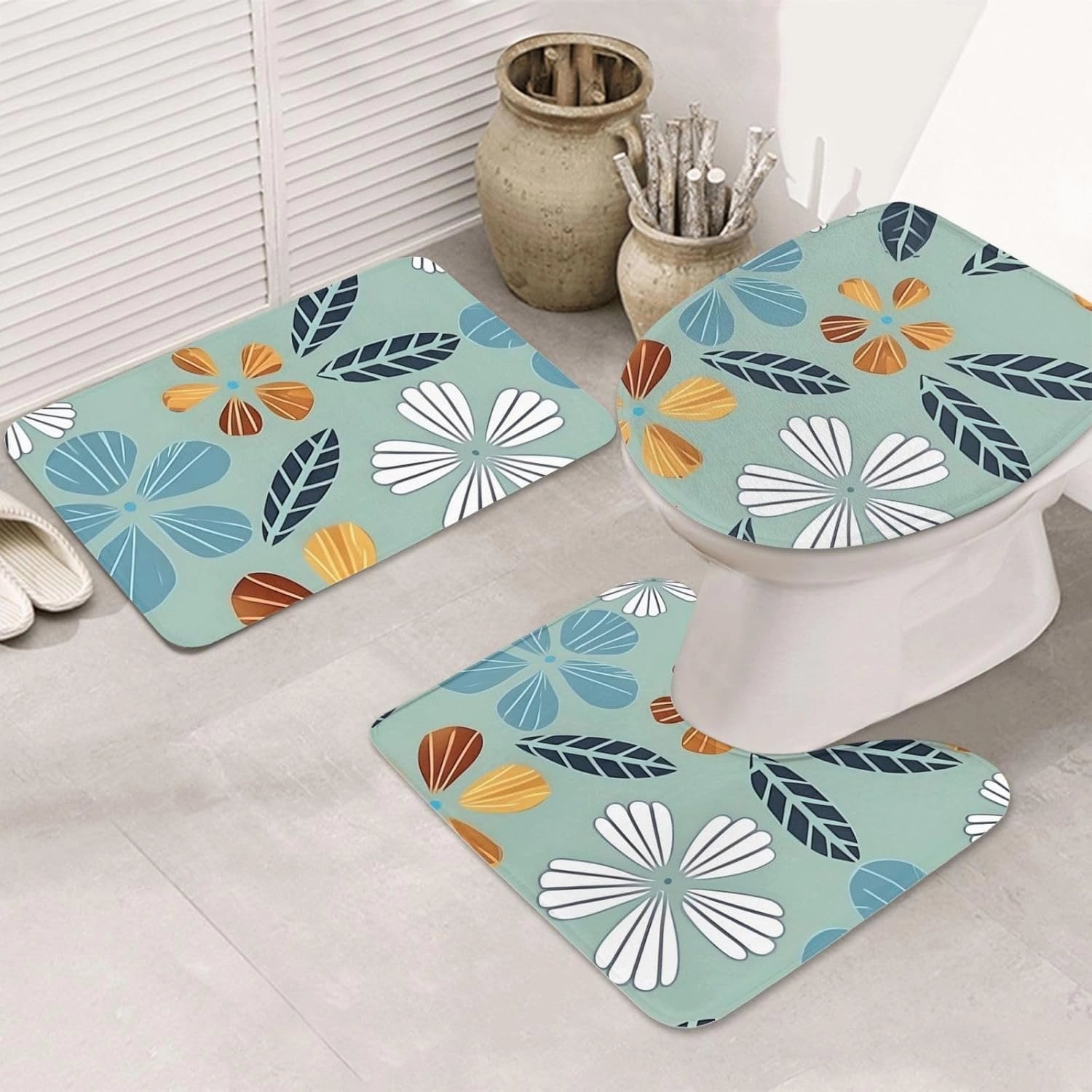 Soft and Comfortable Flannel Bathroom Non Slip Rugs,Super Absorbent Anti-Skid Carpet 3 Pieces/Set Light Coloured Floral