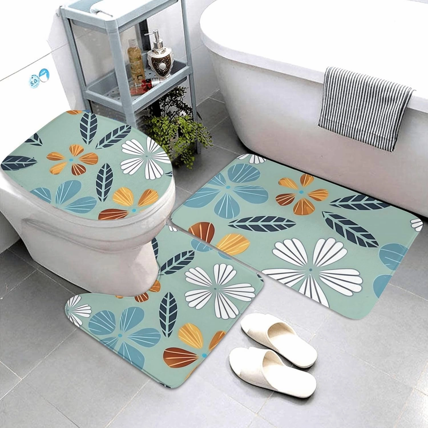 Soft and Comfortable Flannel Bathroom Non Slip Rugs,Super Absorbent Anti-Skid Carpet 3 Pieces/Set Light Coloured Floral