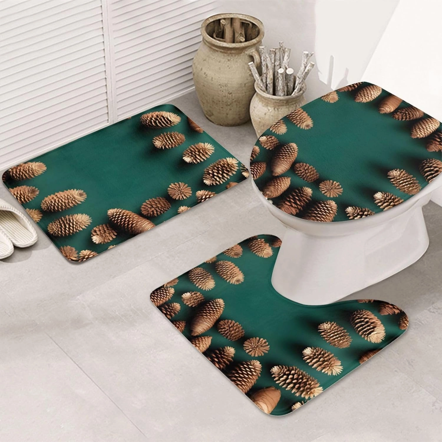Soft and Comfortable Flannel Bathroom Non Slip Rugs,Super Absorbent Anti-Skid Carpet 3 Pieces/Set Pine Cone Border