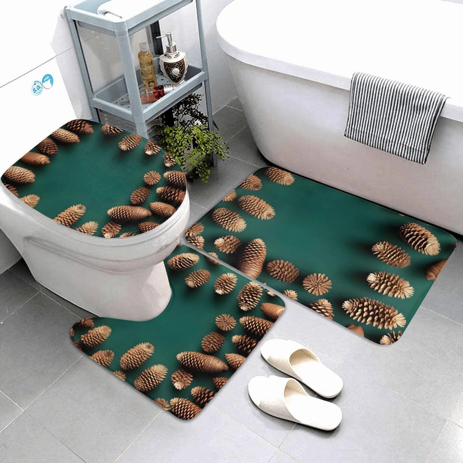 Soft and Comfortable Flannel Bathroom Non Slip Rugs,Super Absorbent Anti-Skid Carpet 3 Pieces/Set Pine Cone Border