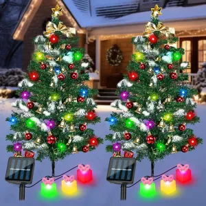 Solar Christmas Trees for Outside Decoration, 31 Inch Solar Garden Christmas Outdoor Lights with 60 LEDs 8 Modes Solar Mini Christmas Tree for Porch Pathway Yard Grave Cemetery Decor(2 Pack)