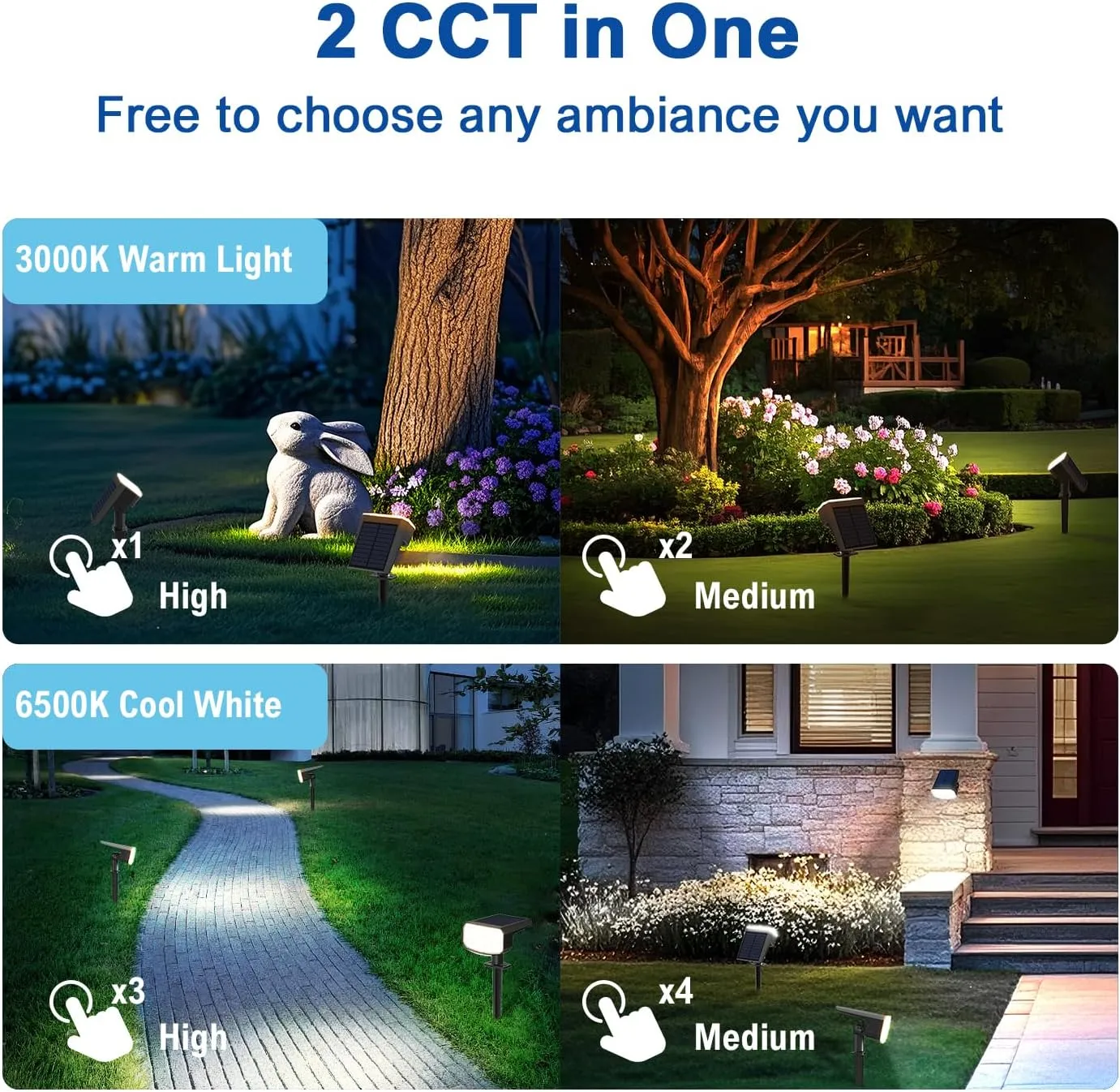 Solar Lights Outdoor Waterproof IP65, Super Bright LED, 2CCT 4 Lighting Modes 3000K/6500K Selectable, Solar Powered Yard Garden Solar Spot Lights for Outside Landscape Auto On/Off -4 Pack