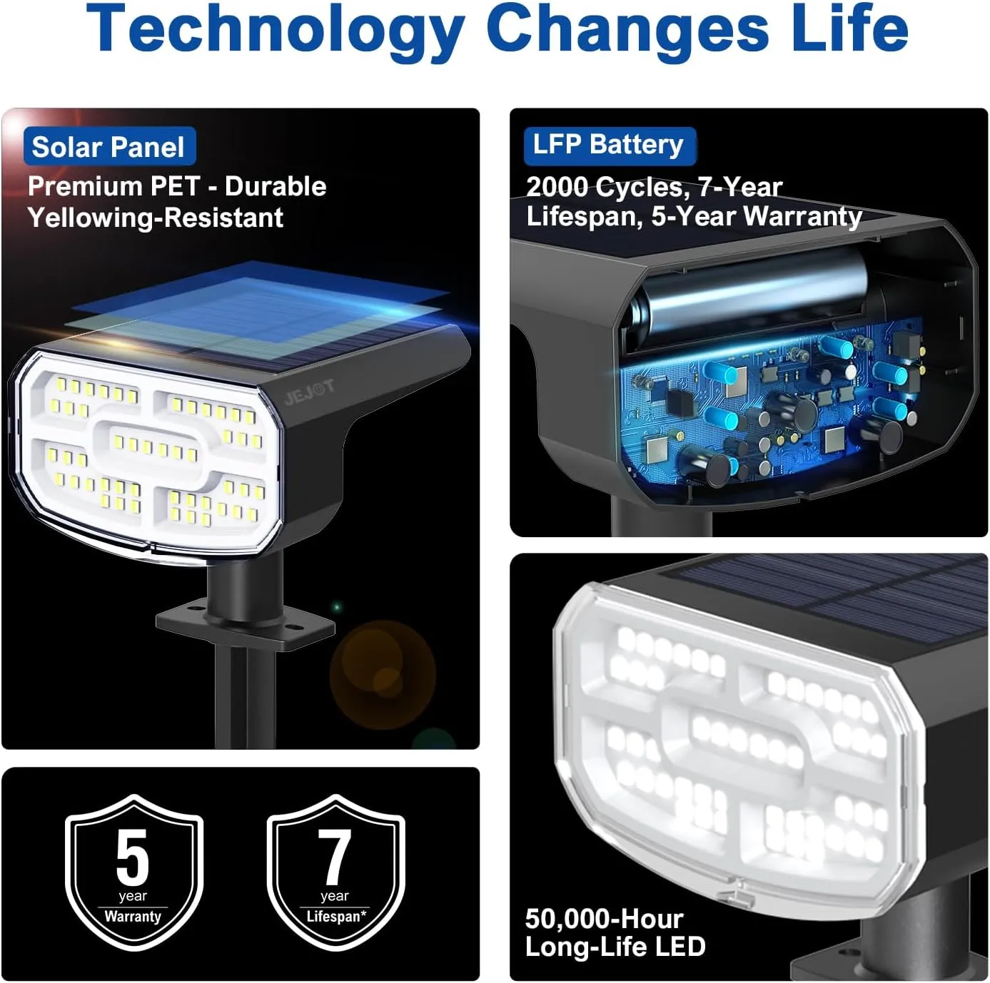 Solar Lights Outdoor Waterproof IP65, Super Bright LED, 2CCT 4 Lighting Modes 3000K/6500K Selectable, Solar Powered Yard Garden Solar Spot Lights for Outside Landscape Auto On/Off -4 Pack