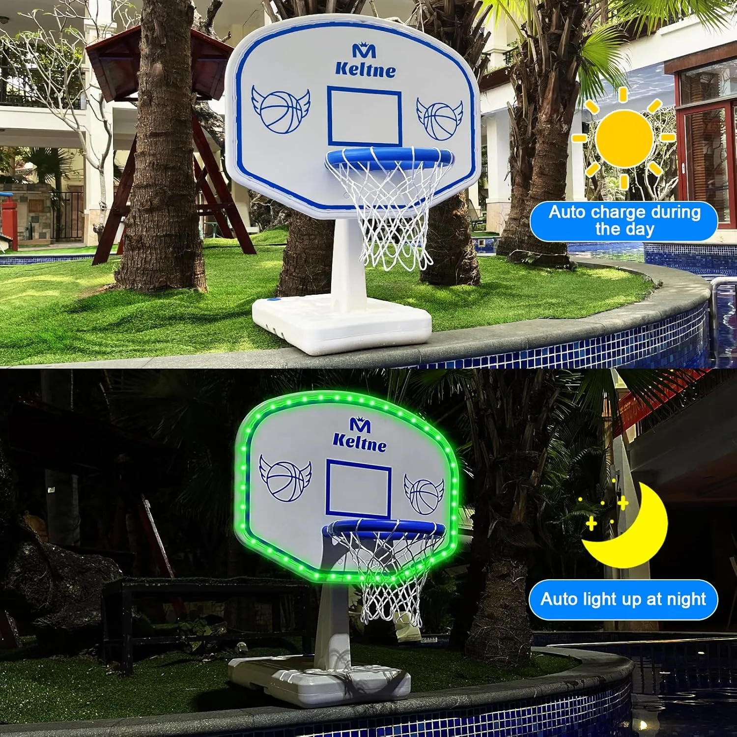Solar Pool Basketball Hoop with Lights, Oversized Pool Toys with 2 Balls/Pump for Poolside Water Basketball Game, LED Pool Basketball Goal for Inground Pool & Deck - Swimming Pool Game for Kids Adults