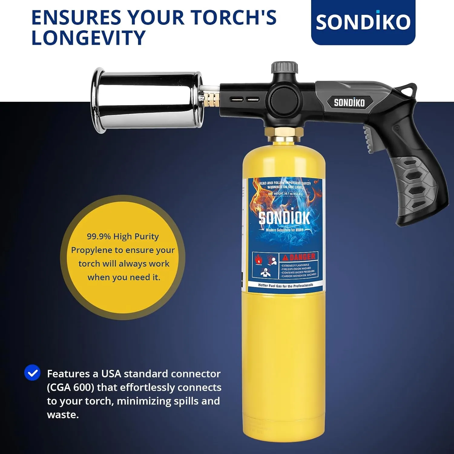 Sondiko Pre-Filled Gas Torch Style Cylinder, Standard Propane Fuel Cylinder, Propane Hand Torch Cylinder, Portable and Convenient Fuel Source, Durable Steel Construction
