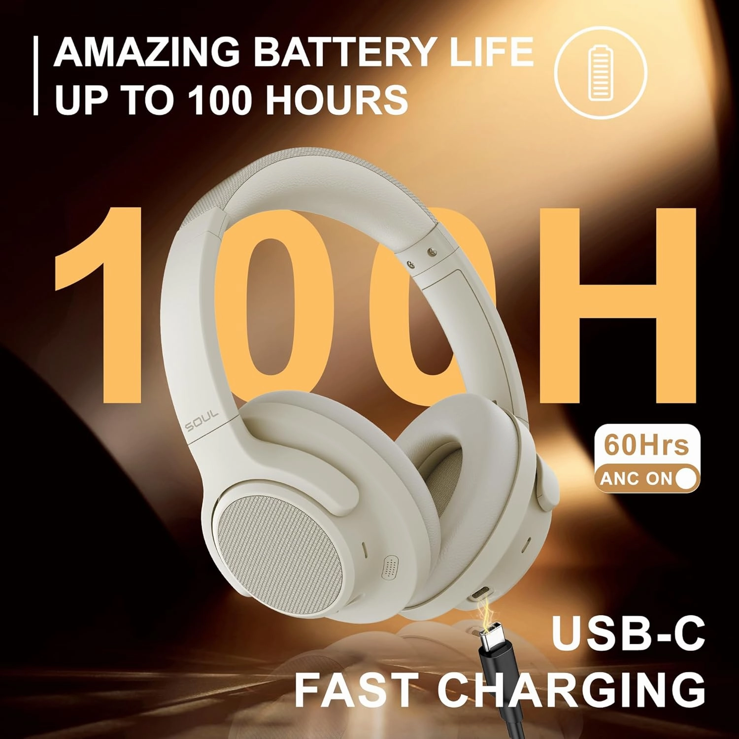 Soul Ultra Wireless Active Noise Cancelling Headphones, Wireless Over-Ear Bluetooth Headphones,100H Playtime, USB-C Quick Charging, Hi-Res Audio, Deep Bass, for Travel, Sport, Gym (Beige)