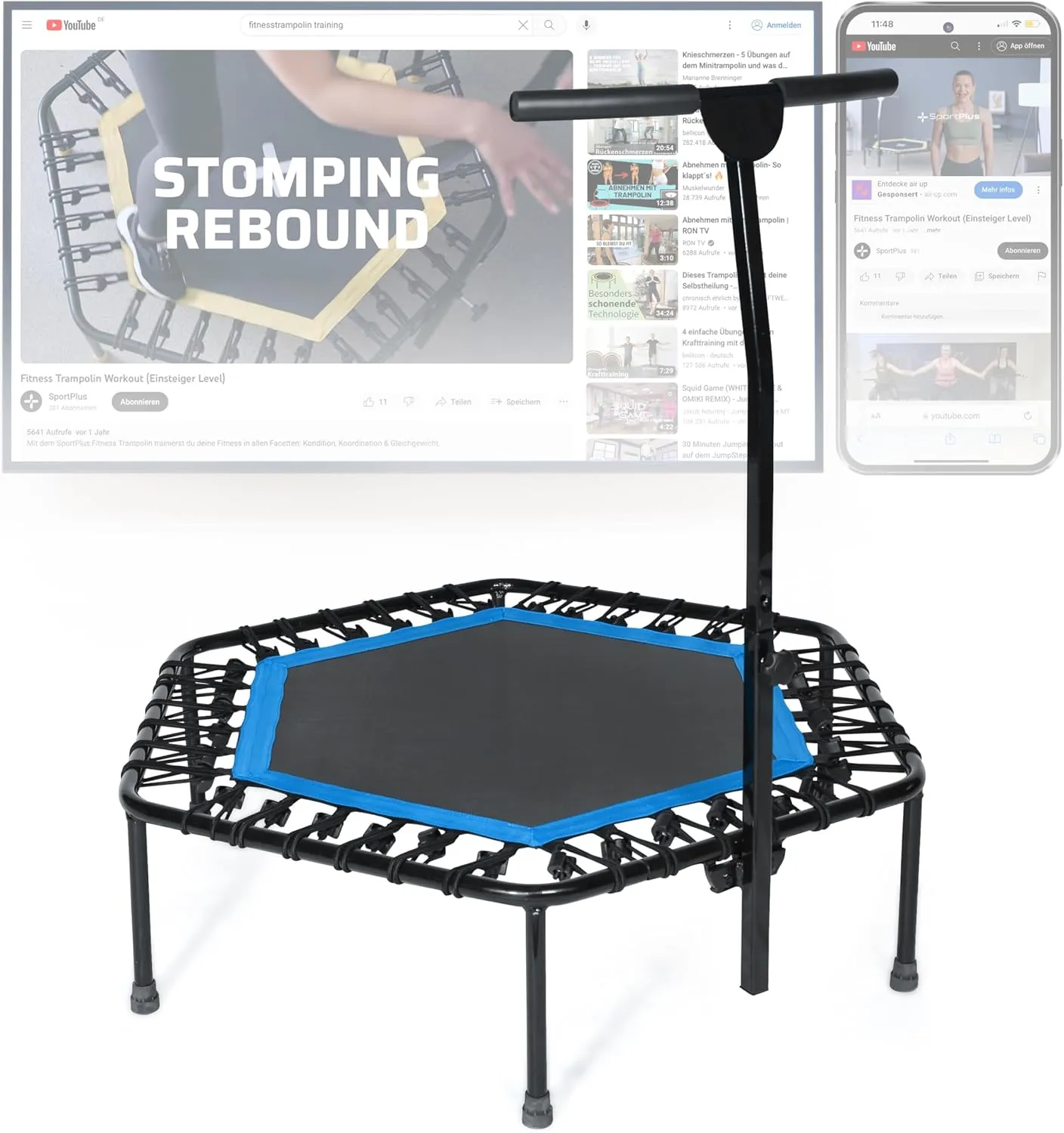 SportPlus  Indoor Trampoline, Blue/Green/Red, Rebounder Home Fitness Trampoline with Height Adjustable Bar
