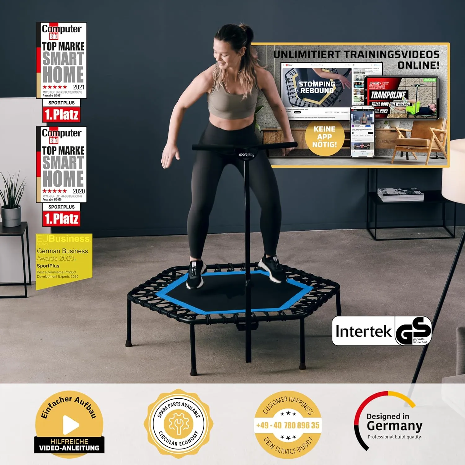 SportPlus  Indoor Trampoline, Blue/Green/Red, Rebounder Home Fitness Trampoline with Height Adjustable Bar