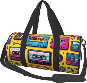 Sports Duffel Bag Cassette-Tapes-Retro-Music Foldable Travel Tote Bag Weekender Sleepover Carry On Bag