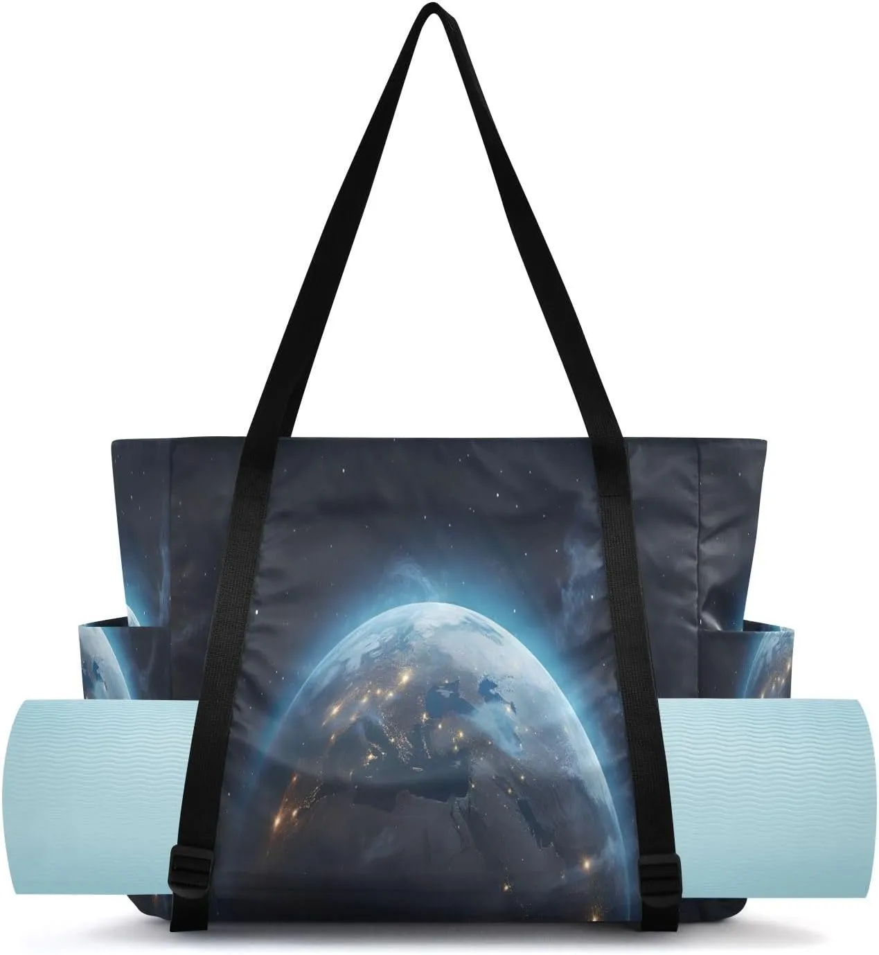 SPRIPORT Satellite Earth Yoga Mat Bag for Women Pilates Shoulder Carrier Carryall Tote with Large Mat Carrier Pocket Gym Tote Bag for Office Beach Workout Gym Travel