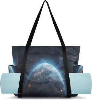 SPRIPORT Satellite Earth Yoga Mat Bag for Women Pilates Shoulder Carrier Carryall Tote with Large Mat Carrier Pocket Gym Tote Bag for Office Beach Workout Gym Travel