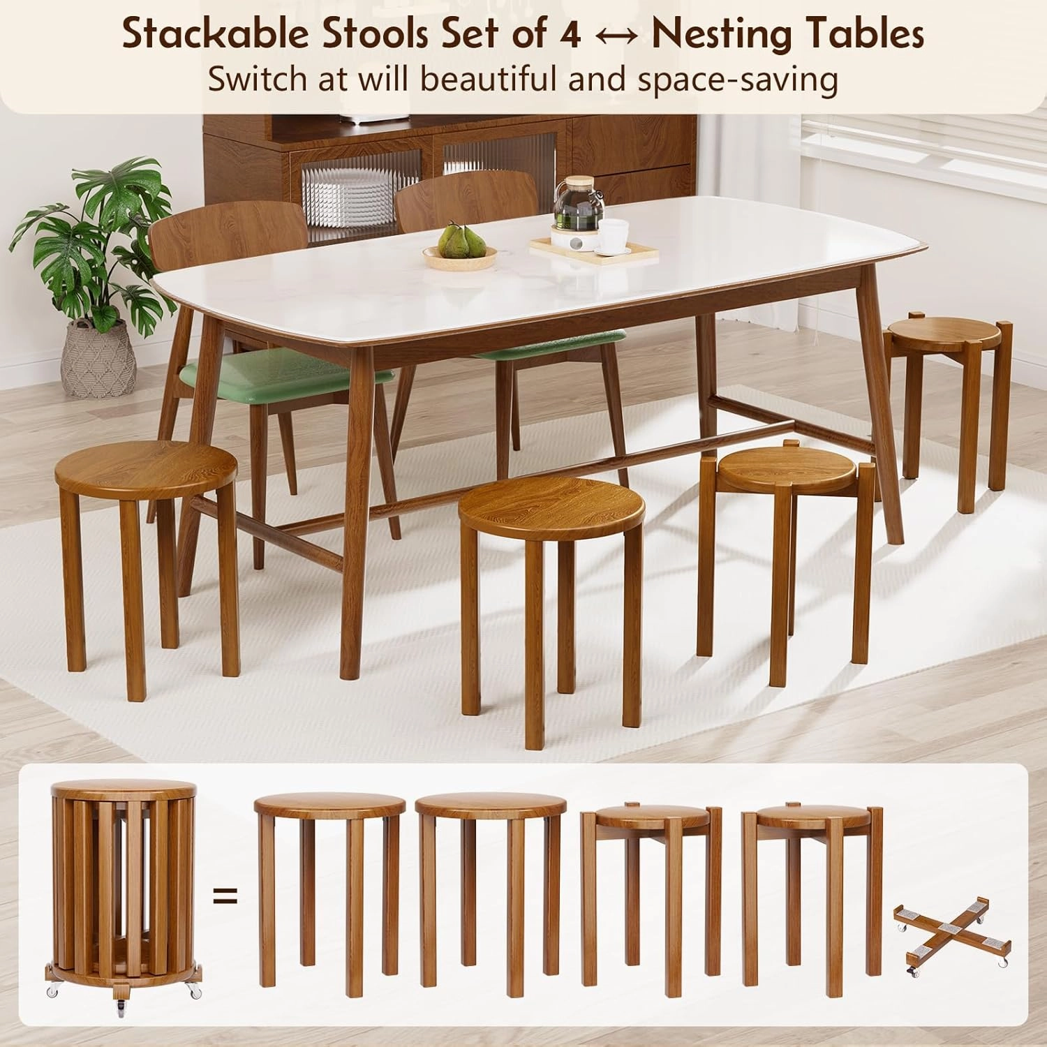 Stackable Stools Set of 4, 4-in-1 Wood Stool,Sturdy and Durable, Nesting Tables,Stacking Stools No Installation Required,Top Stackable Round Stool with Wheels for Saving Space